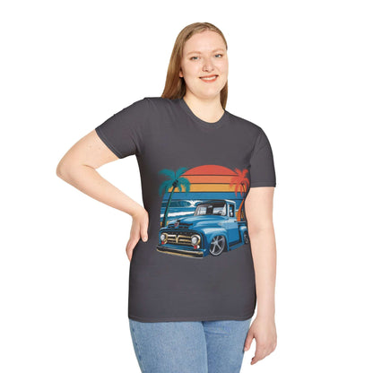 T-Shirt with custom vintage pickup truck design and sunset beach background, perfect for car lovers.