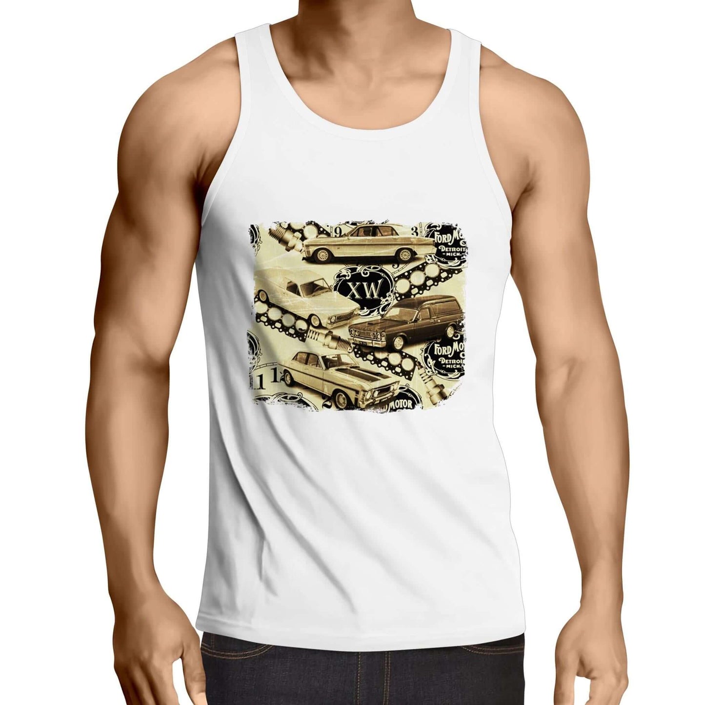 Vintage Ford men's singlet top featuring iconic XW Falcon muscle cars in a retro design, perfect for car enthusiasts.
