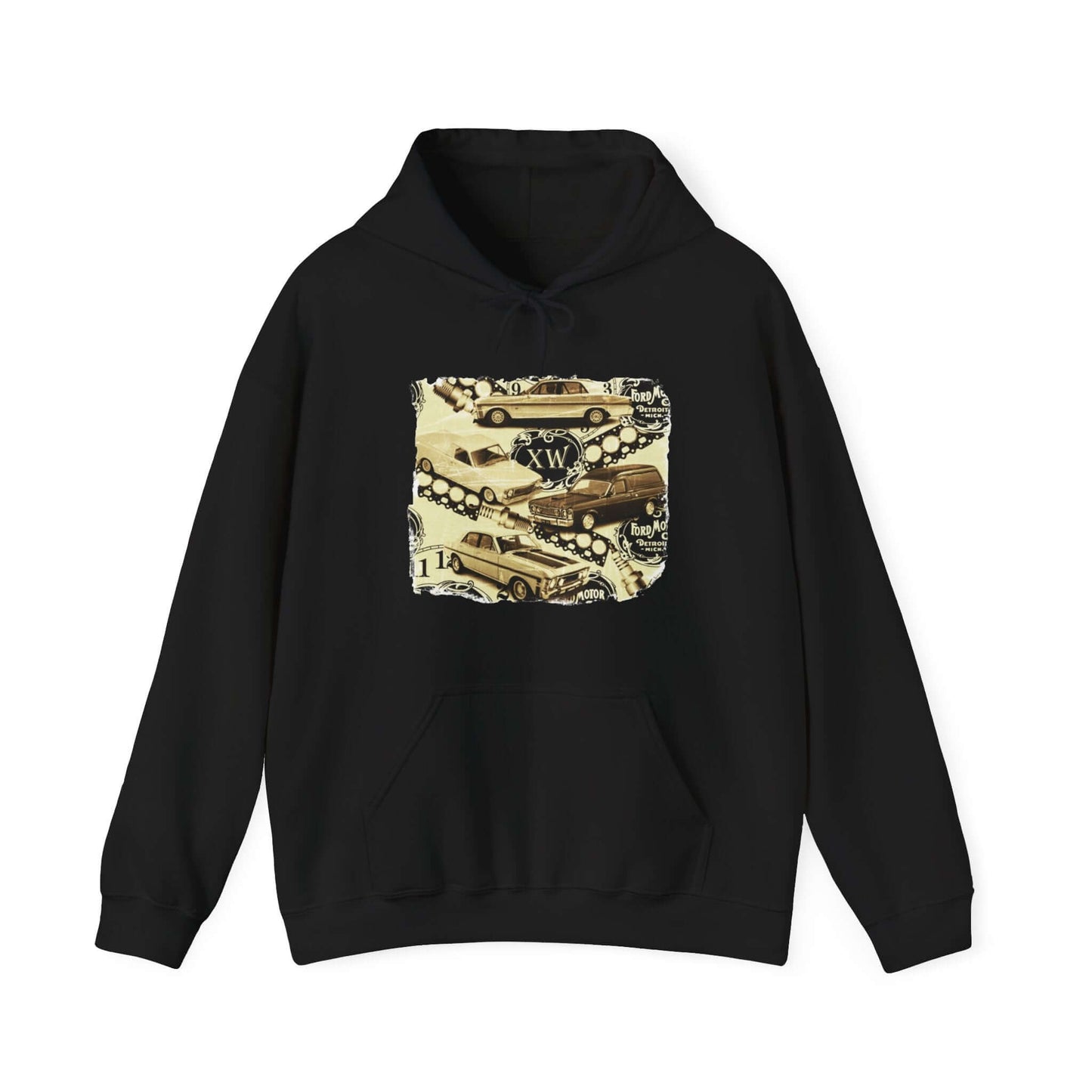 Vintage Ford hoodie featuring XW Falcon design, perfect for classic car enthusiasts and muscle car fans.