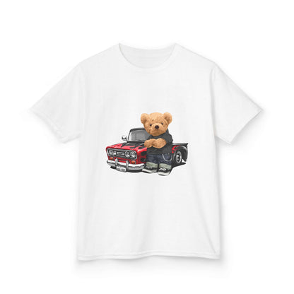  Cute white kid's tee featuring a cute teddy bear with a cool vintage pickup truck design, perfect for car lovers.