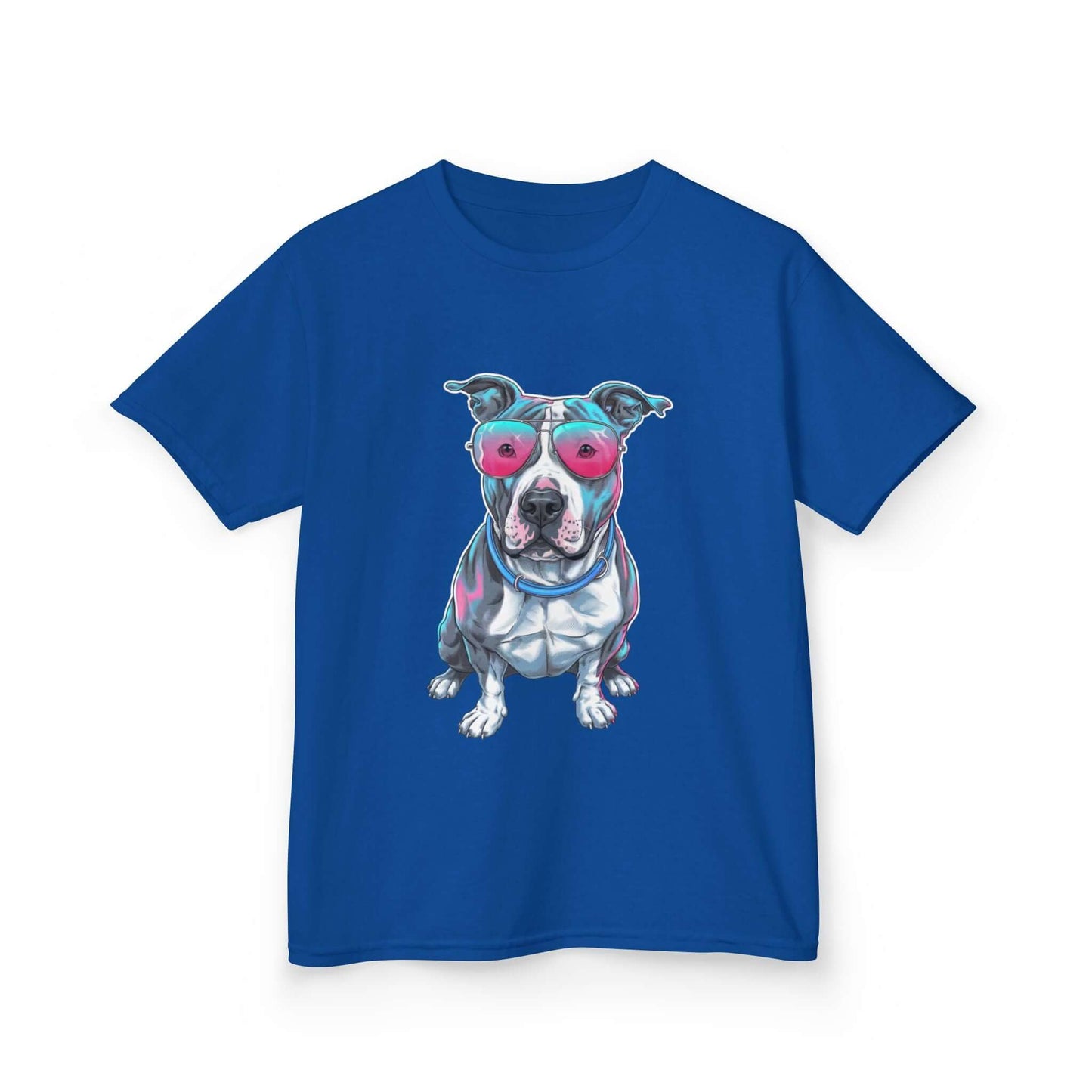 Kids T-shirt - featuring a retro synth wave Pit Bull dog design with pink sunglasses, ideal for dog lovers.