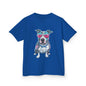 Kids T-shirt - featuring a retro synth wave Pit Bull dog design with pink sunglasses, ideal for dog lovers.