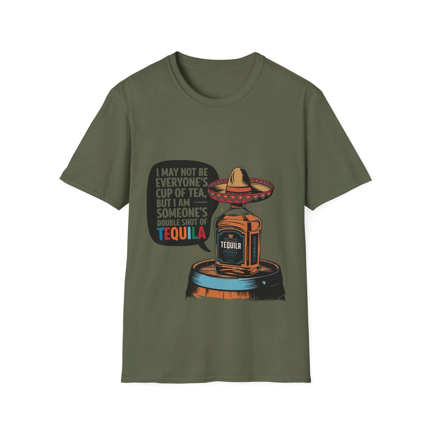 Funny unisex T-shirt with a tequila bottle wearing a sombrero and humorous quote for party lovers.