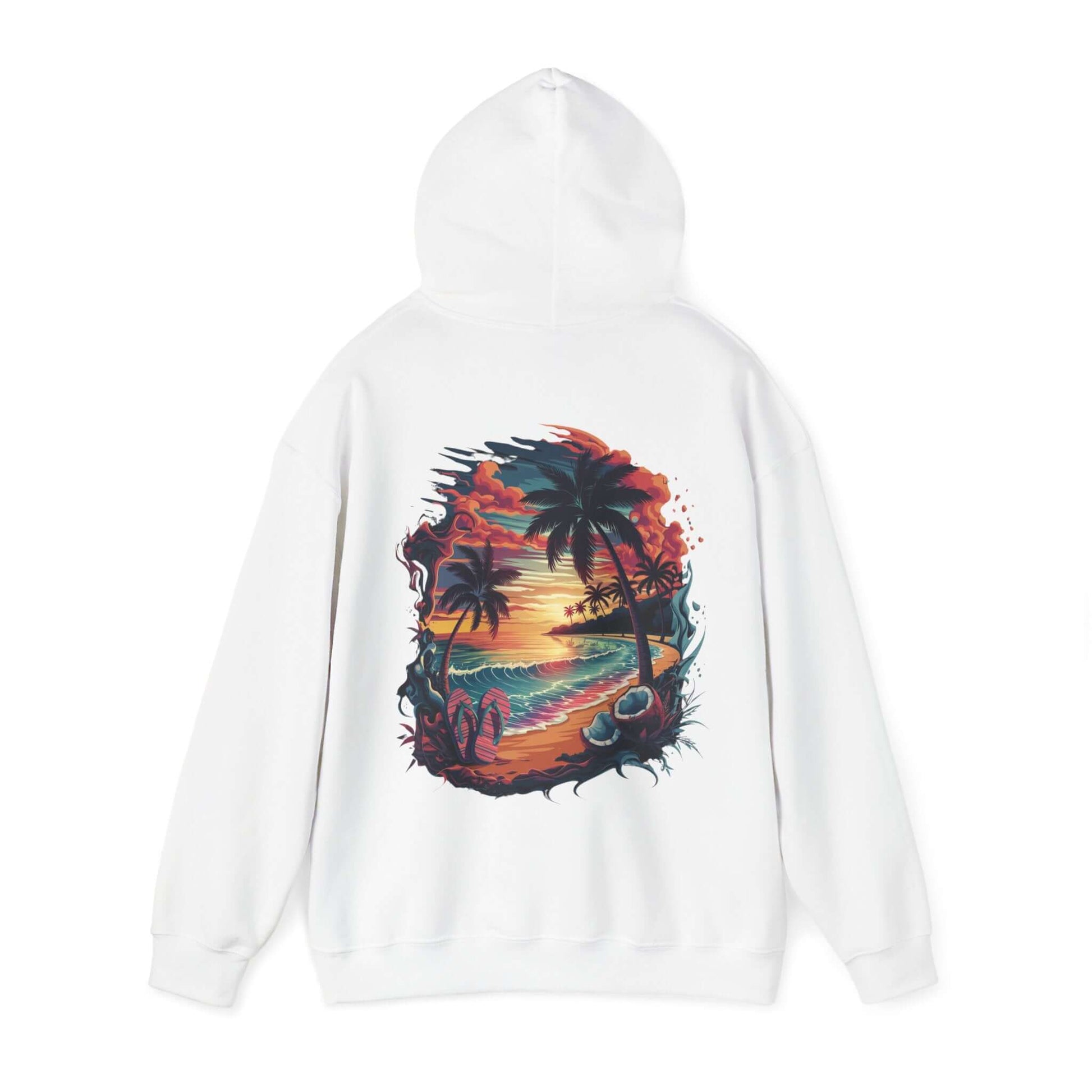 Hooded sweatshirt featuring a tropical sunset beach scene with palm trees and ocean waves, embodying summer vibes.