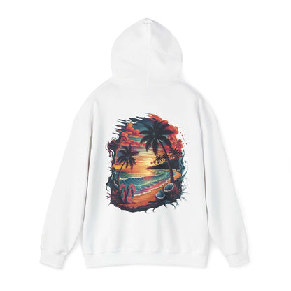 Hooded sweatshirt featuring a tropical sunset beach scene with palm trees and ocean waves, embodying summer vibes.
