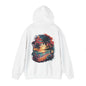 Hooded sweatshirt featuring a tropical sunset beach scene with palm trees and ocean waves, embodying summer vibes.