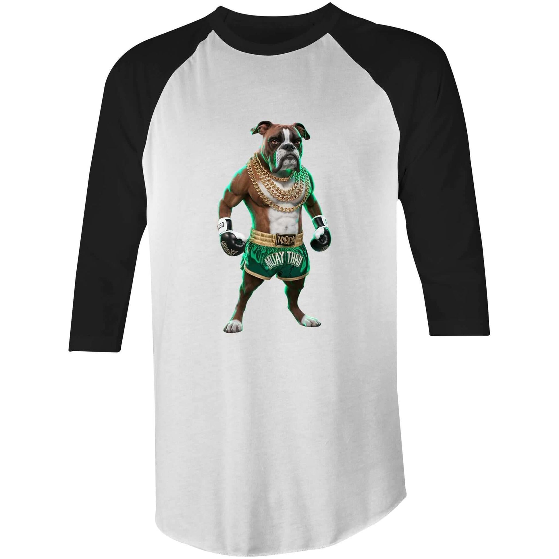Muay Thai Boxer Dog shirt with gold chains and crew neck, 3/4 sleeve raglan design for dog lovers.