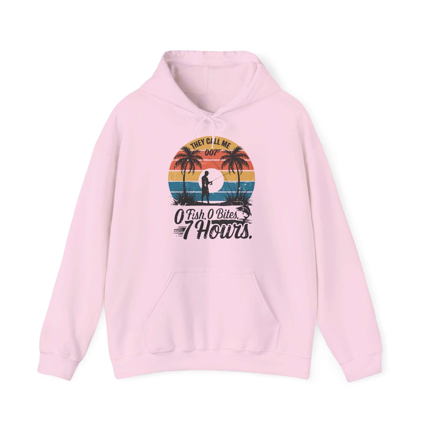 Retro funny fishing quote hooded sweatshirt with palm trees and text 'They call me 007 0 Fish 0 Bites 7 Hours' for fishing enthusiasts.