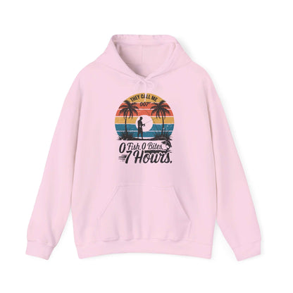 Retro funny fishing quote hooded sweatshirt with palm trees and text 'They call me 007 0 Fish 0 Bites 7 Hours' for fishing enthusiasts.