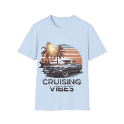 Light blue tee featuring a retro sunset design with an American muscle car, showcasing cruising vibes.