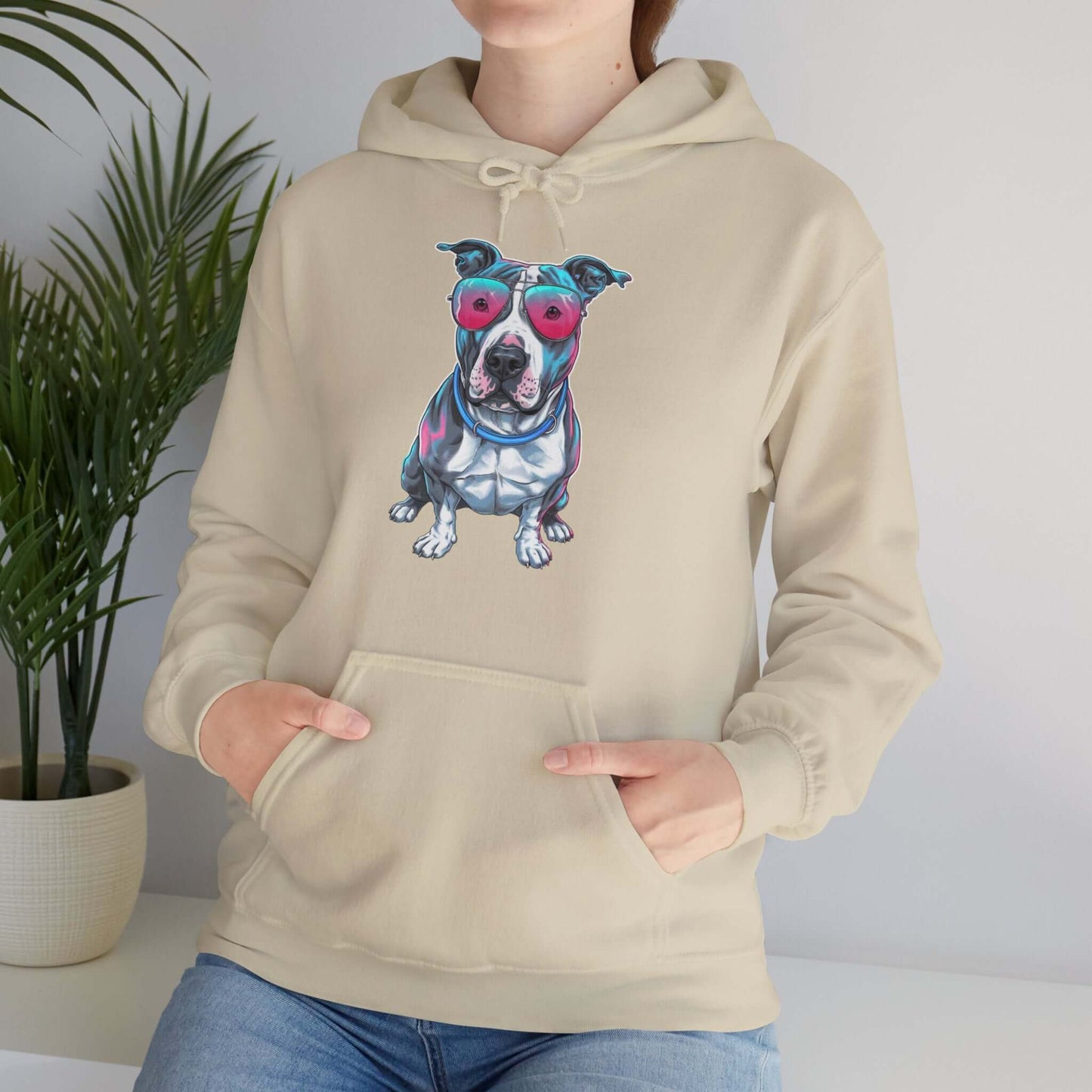 Unisex hoodie featuring a pit bull wearing pink sunglasses with a synth-wave design, perfect for stylish casual wear.