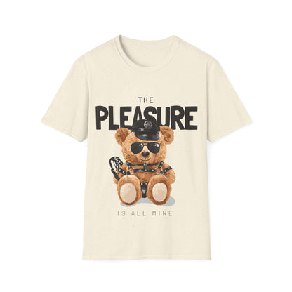 Playful teddy bear graphic shirt featuring the phrase 'The Pleasure Is All Mine' in bold design.
