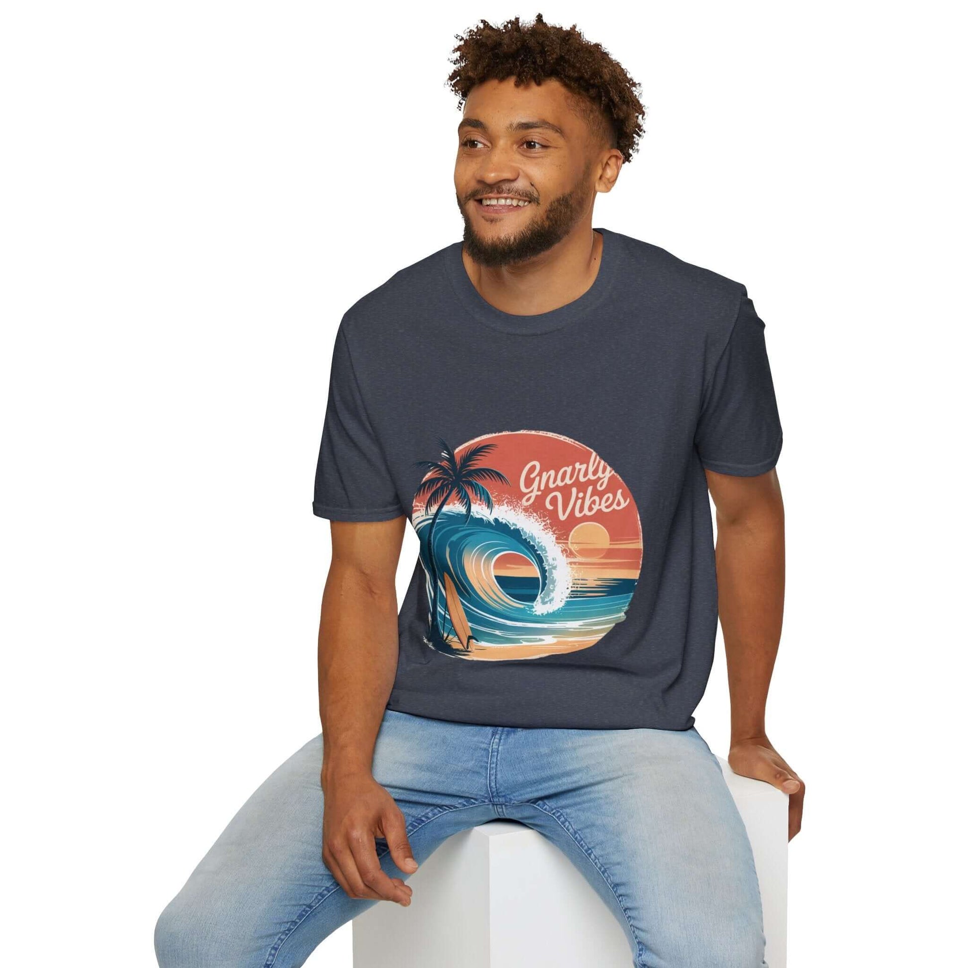 Unisex vintage sunset beach t-shirt with gnarly vibes and big wave design, perfect for surf culture enthusiasts.