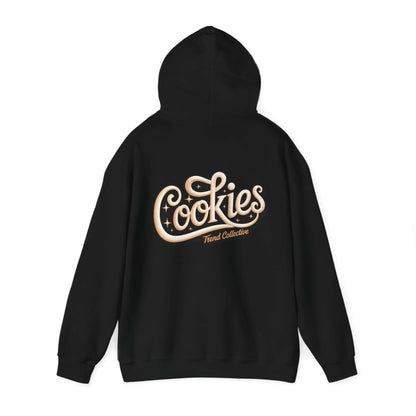 Hooded sweatshirt with vintage-inspired hand-lettered 'Cookies Trend Collective' design in elegant script.