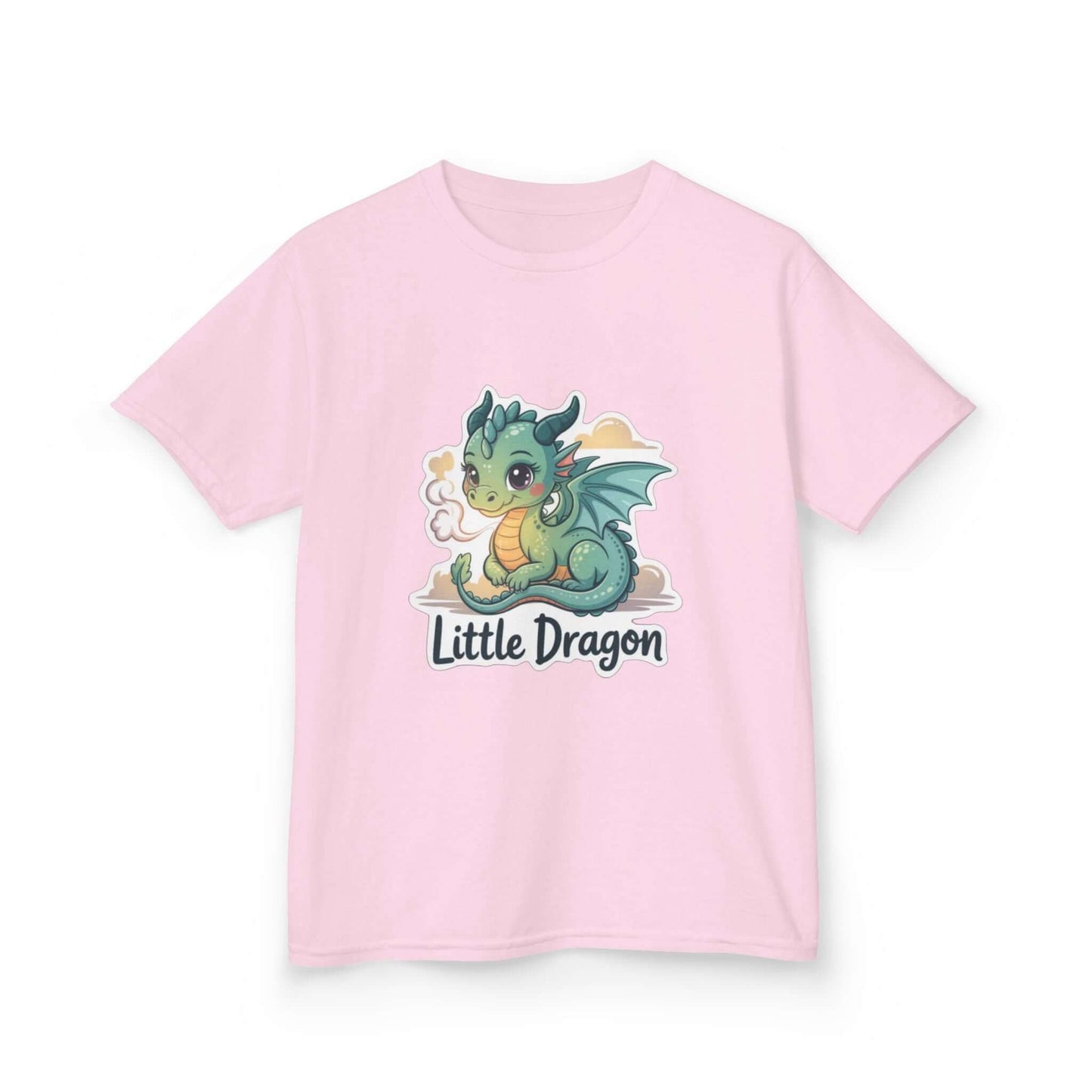 Kids tee featuring a cute 'Little Dragon' cartoon character design on a pink shirt.