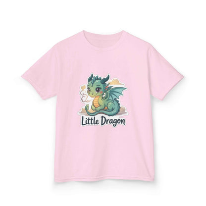Kids tee featuring a cute 'Little Dragon' cartoon character design on a pink shirt.