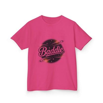 Kids pink tee with retro 'Baddie' universe design, perfect for trendy young fashion enthusiasts.