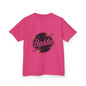 Kids pink tee with retro 'Baddie' universe design, perfect for trendy young fashion enthusiasts.