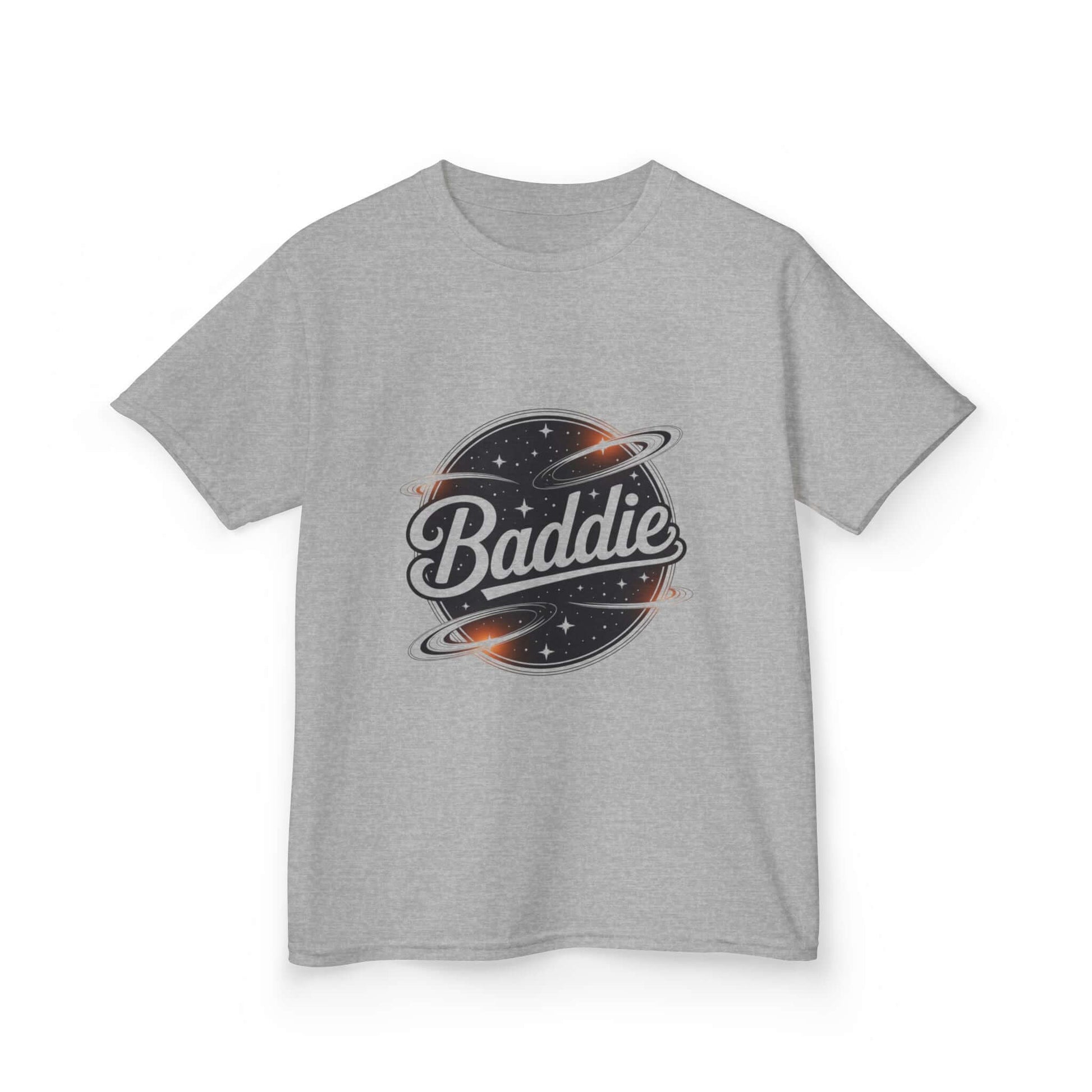 Kids Tee featuring a trendy retro 'Baddie' universe design with planet graphics on a gray shirt.