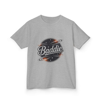 Kids Tee featuring a trendy retro 'Baddie' universe design with planet graphics on a gray shirt.