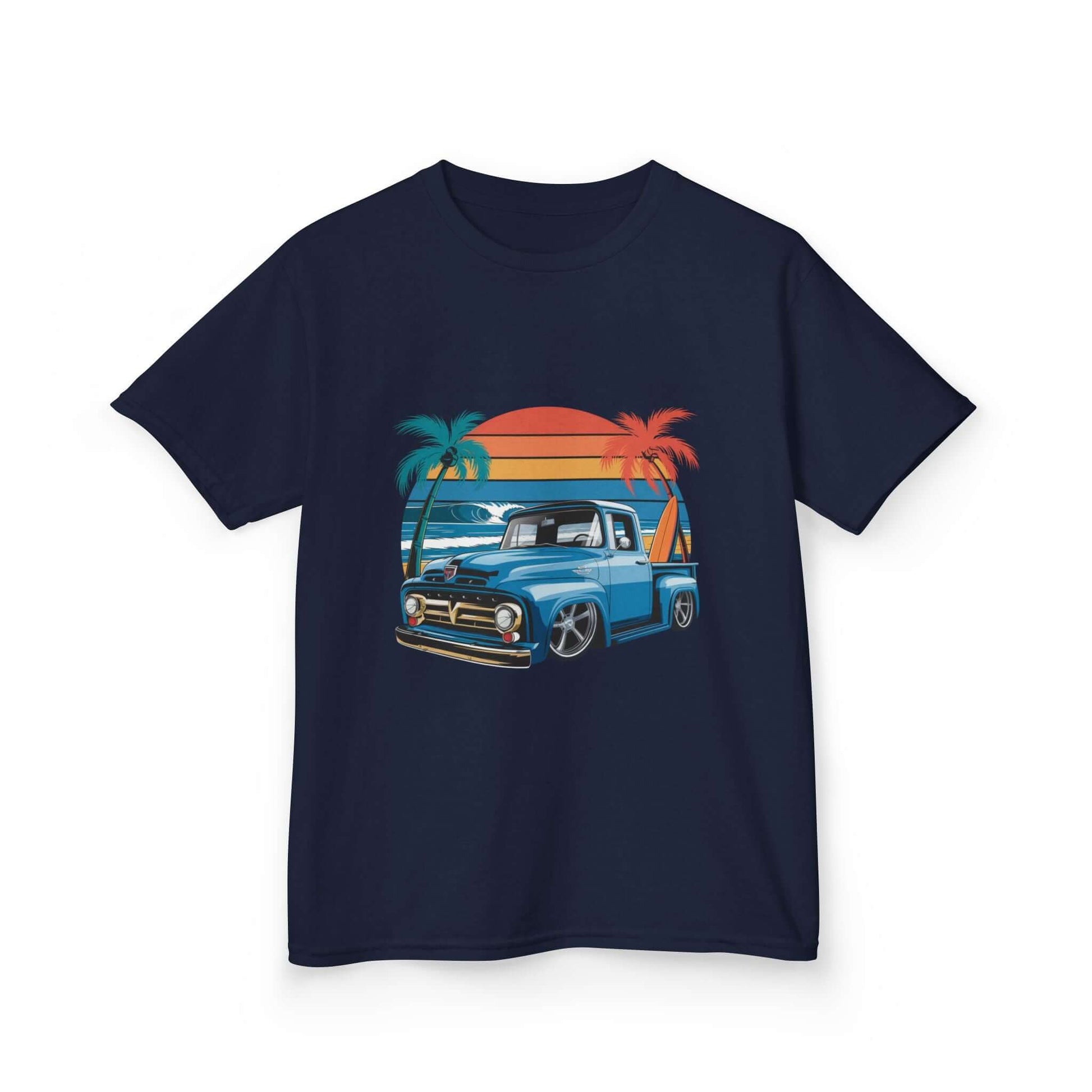Kids retro T-Shirt with custom vintage pickup truck design and sunset beach background, perfect for car lovers.