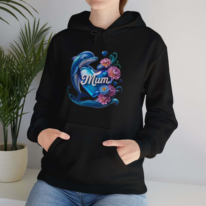 Cozy unisex hoodie featuring a dolphin holding 'Mum' heart with flowers, perfect for Mother's Day gift.