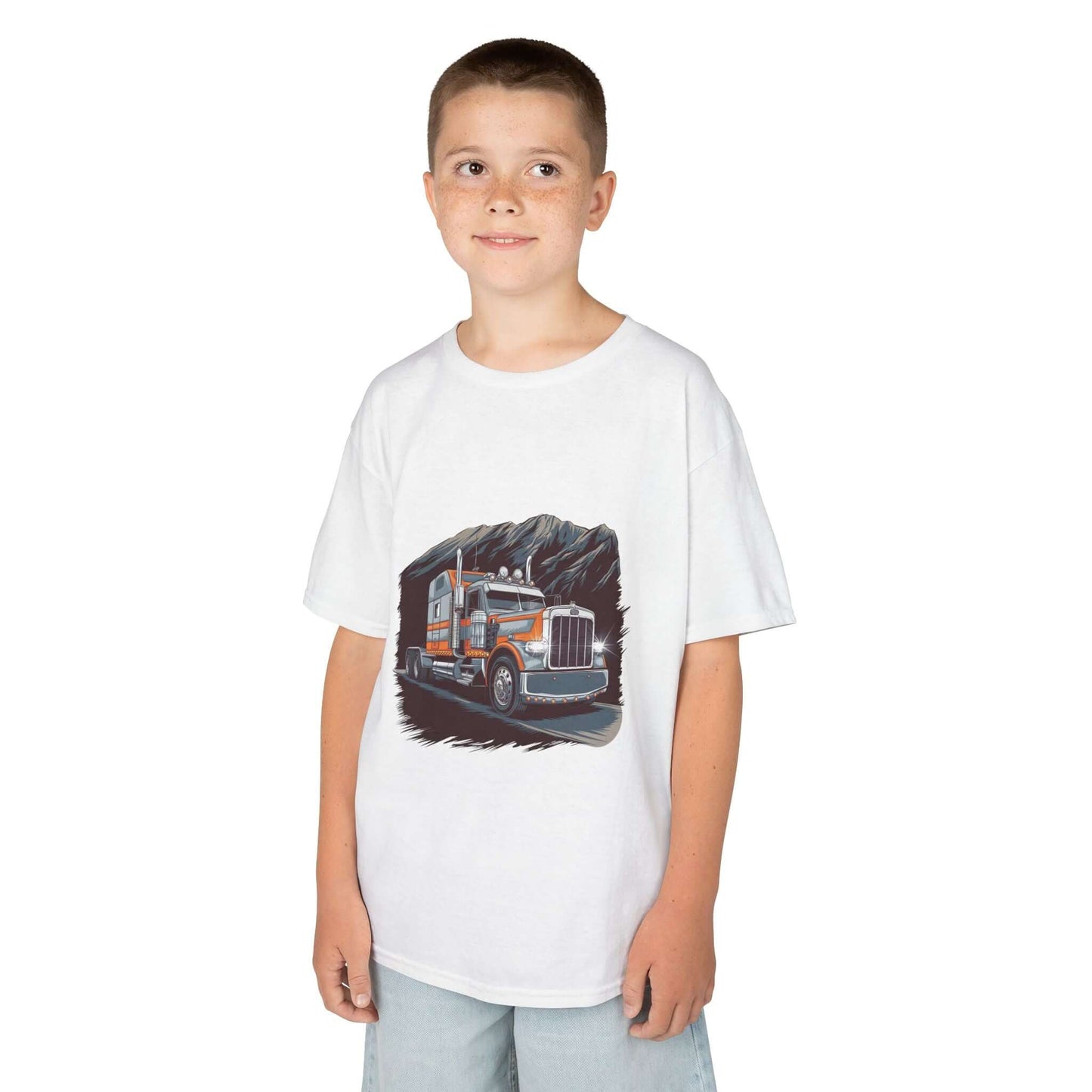 Kid wearing a soft white tee with a cool custom truck design, perfect for truck lovers and casual outings.