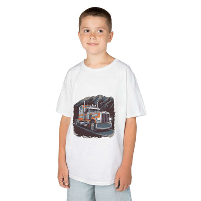 Kid wearing a soft white tee with a cool custom truck design, perfect for truck lovers and casual outings.