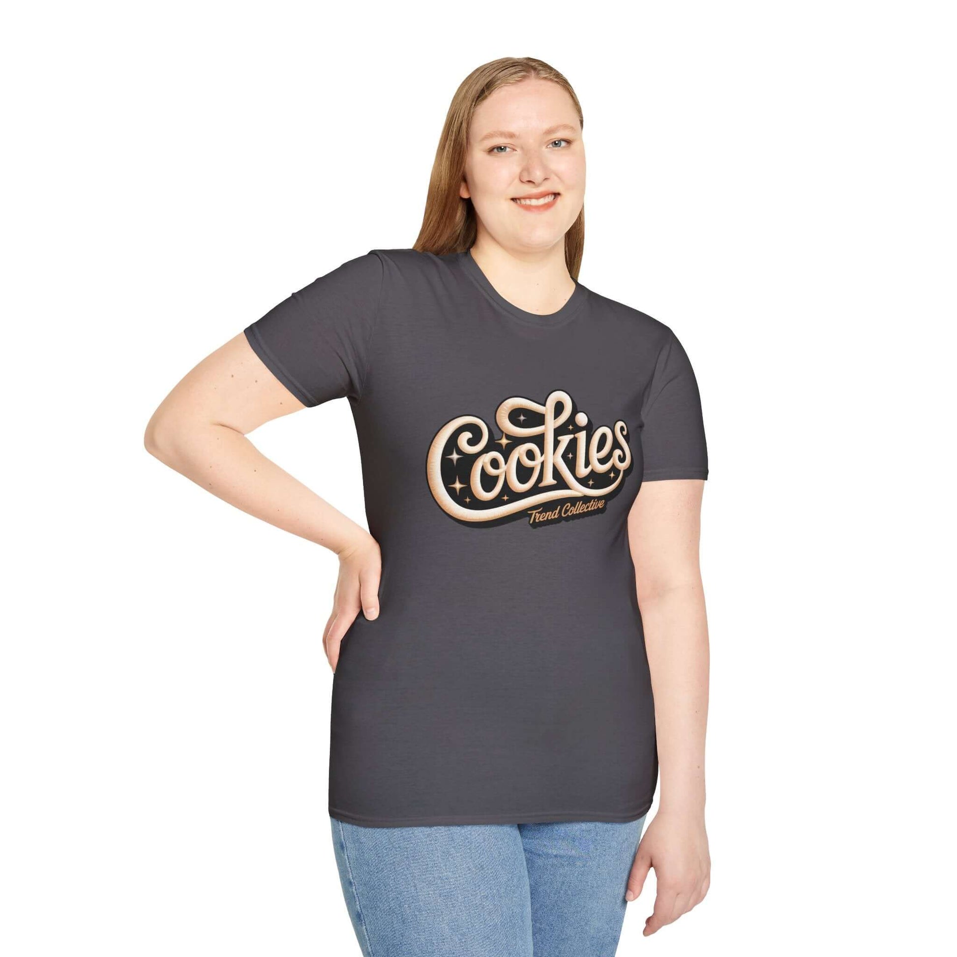 Trendy Cookies Trend Collective T-Shirt in cursive on black, perfect for casual wear and stylish occasions.