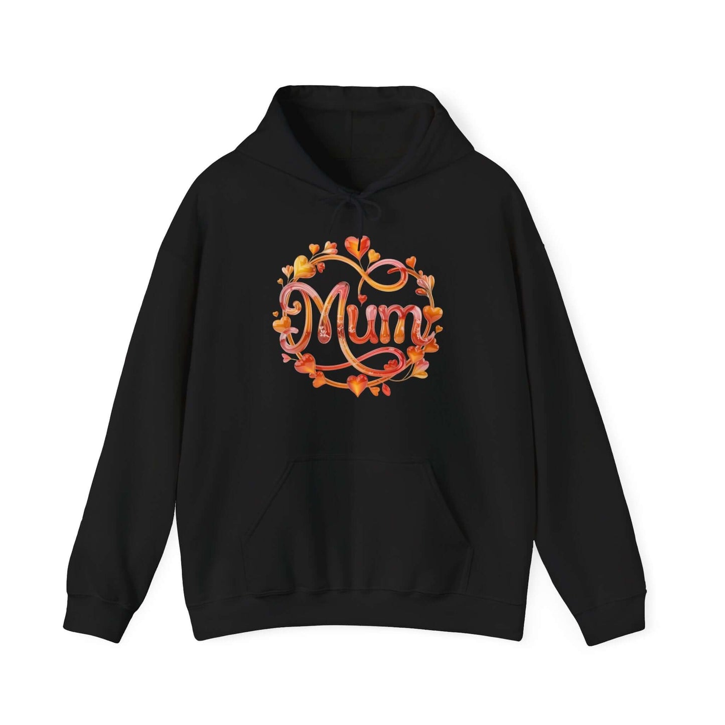 Cozy black hoodie featuring 'Mum' design with flower and heart ornate, perfect for Mother's Day.