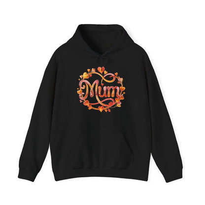 Cozy black hoodie featuring 'Mum' design with flower and heart ornate, perfect for Mother's Day.