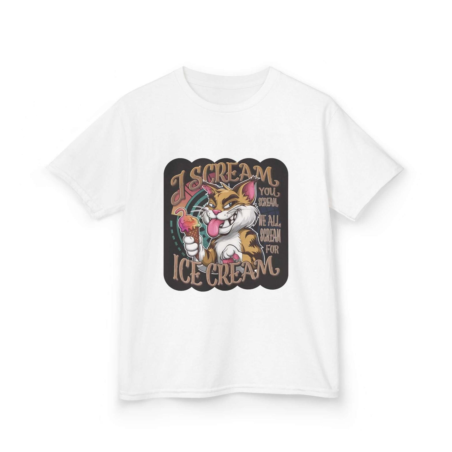 Kids Tee with playful cat eating ice cream design and text 'I SCREAM, you scream, we all scream for ICE CREAM'