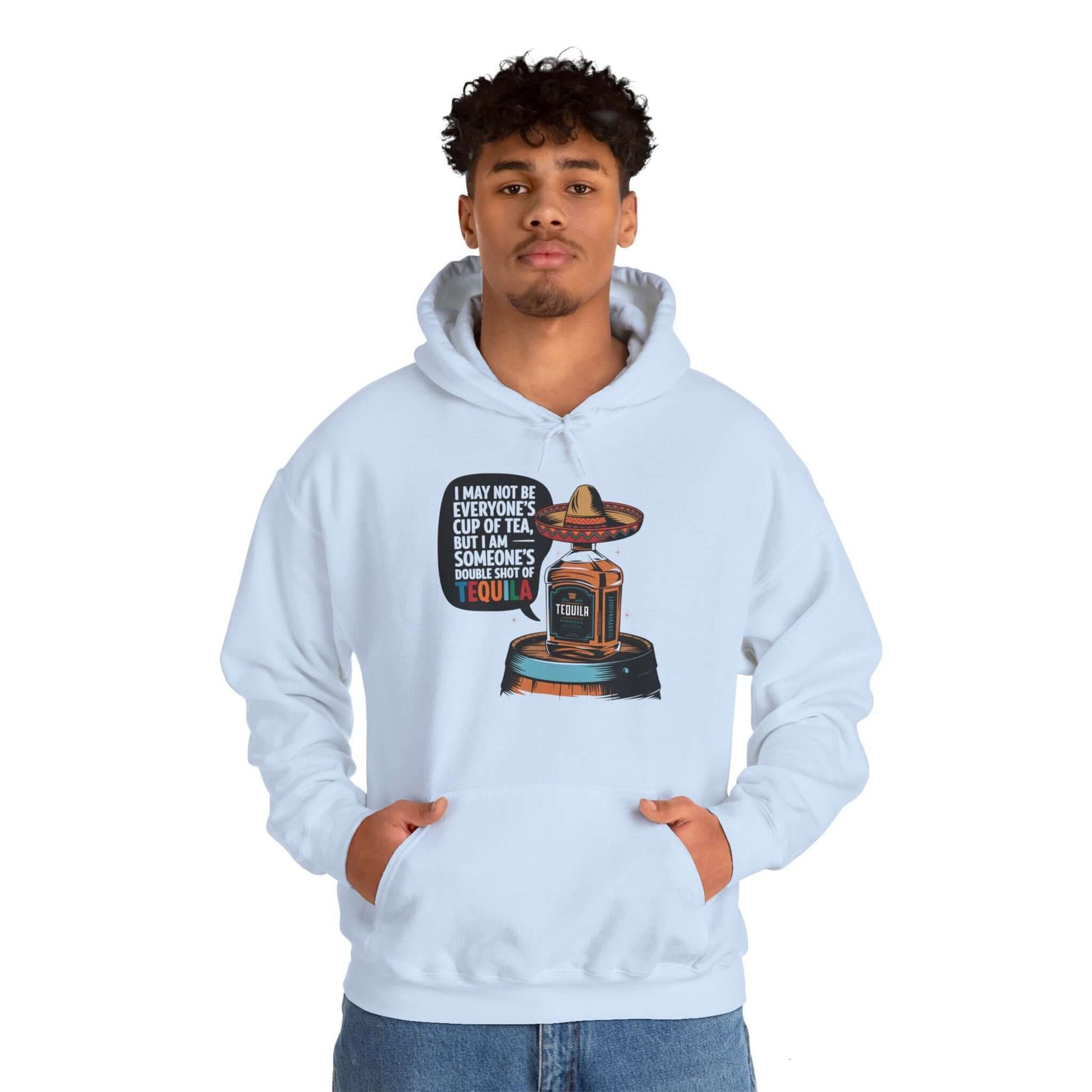 Funny Tequila quote hoodie with sombrero bottle design, perfect for humor and party vibes.