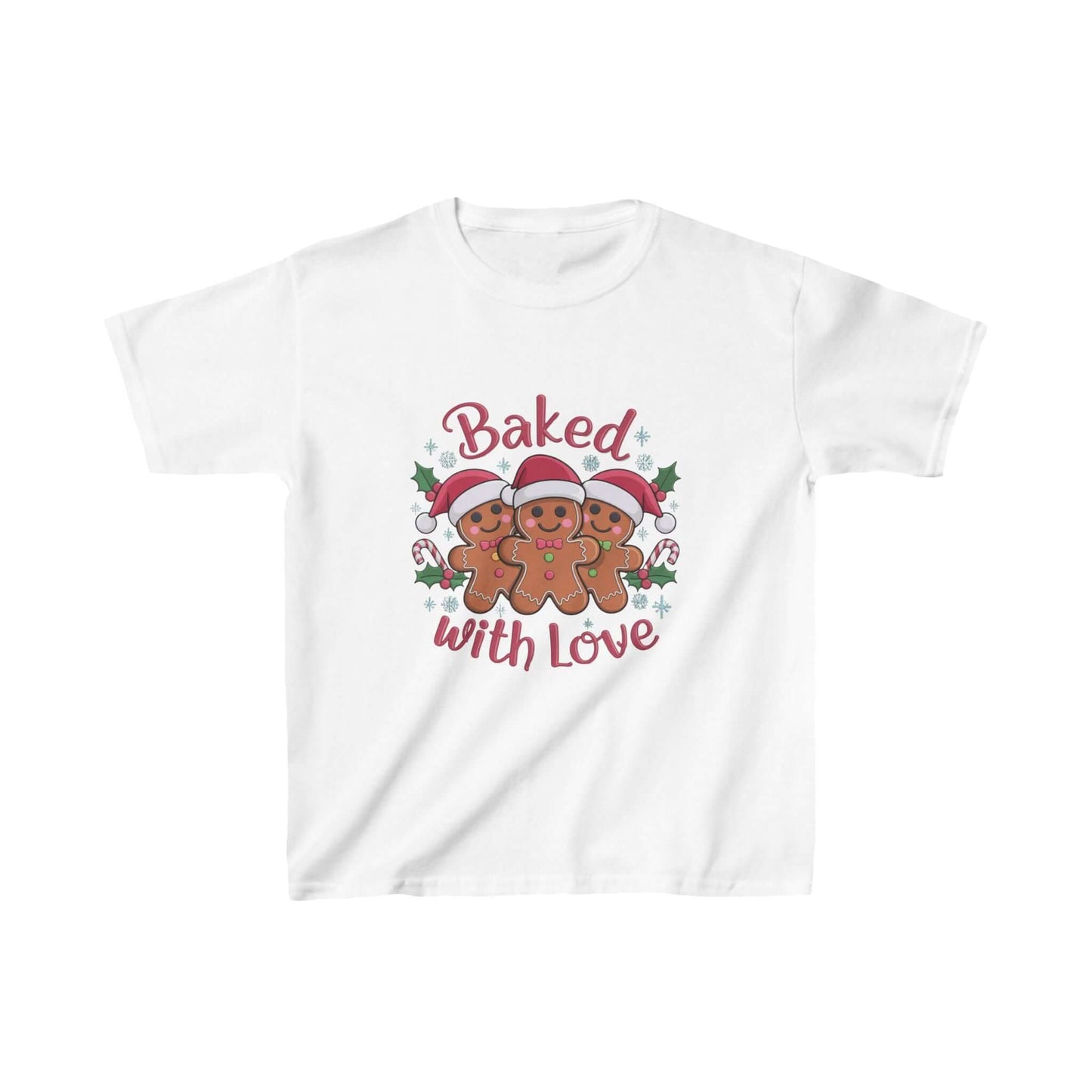 Kids T-shirt featuring gingerbread men in Santa hats with 'Baked with Love' typography, perfect for Christmas fun.