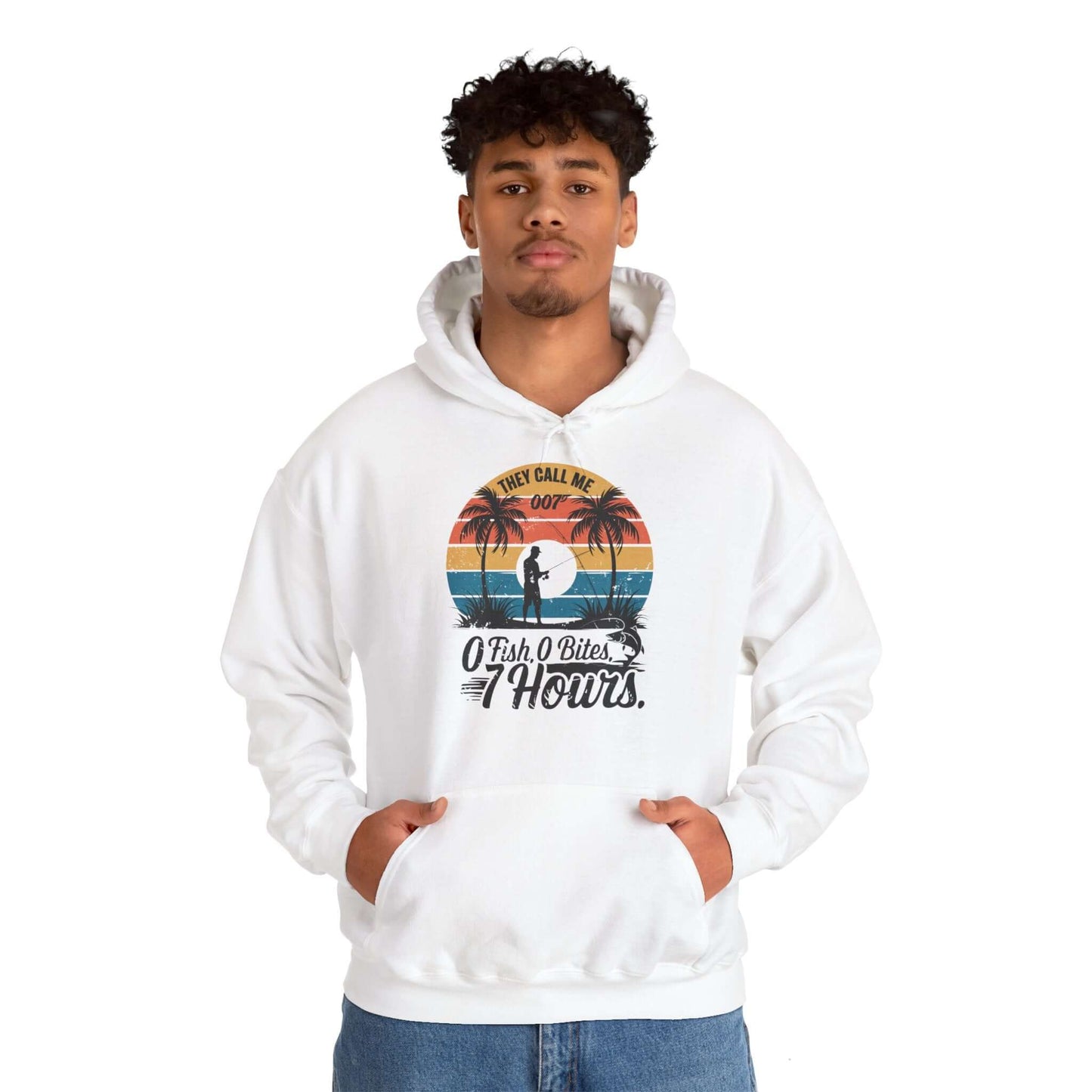 Retro Fishing hoodie with the quote 'They call me 007 0 Fish, 0 Bites, 7 Hours', ideal for fishing enthusiasts.