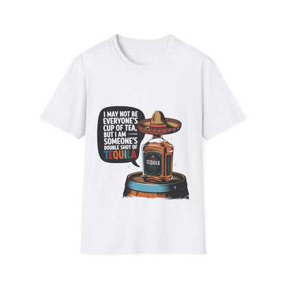 Funny T-shirt featuring a tequila bottle wearing a sombrero with a humorous quote for party lovers.