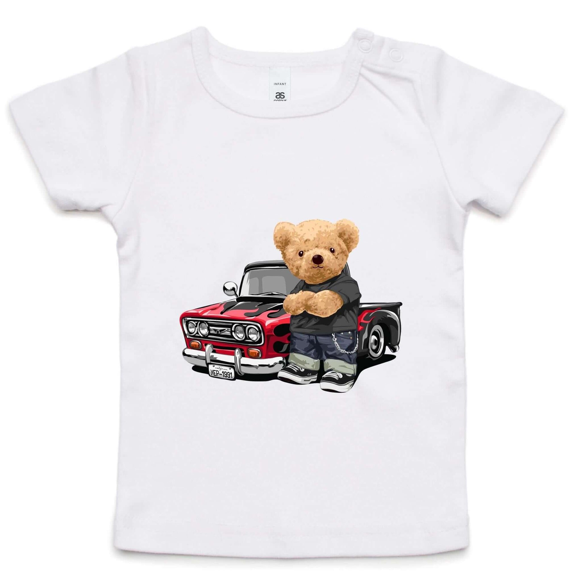Infant tee featuring a cute teddy bear with a cool vintage pickup truck design, perfect for car lovers.