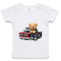 Infant tee featuring a cute teddy bear with a cool vintage pickup truck design, perfect for car lovers.