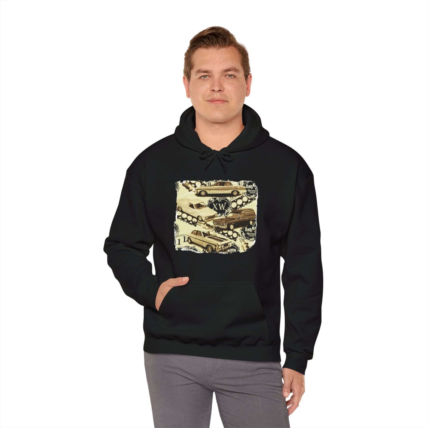 Vintage Ford hoodie featuring iconic XW Falcon design, perfect for classic car enthusiasts.