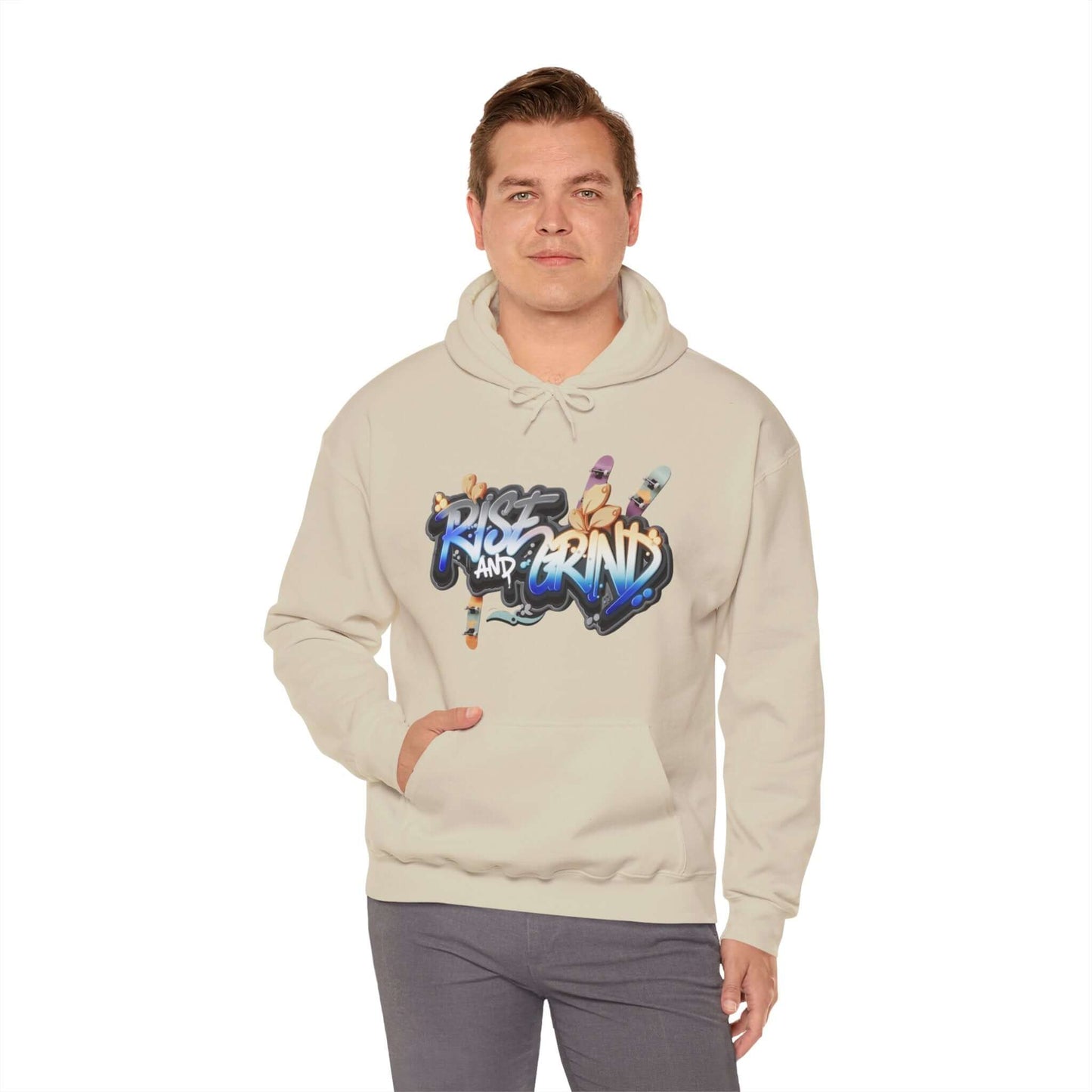 Unisex hoodie featuring 'Rise and Grind' graffiti skater design, perfect for streetwear and casual style.