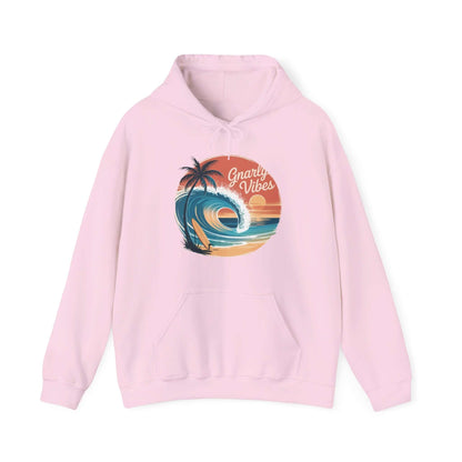 Vintage sunset beach hoodie in pink with big wave and tropical sunset, perfect for surf culture lovers.