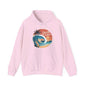 Vintage sunset beach hoodie in pink with big wave and tropical sunset, perfect for surf culture lovers.