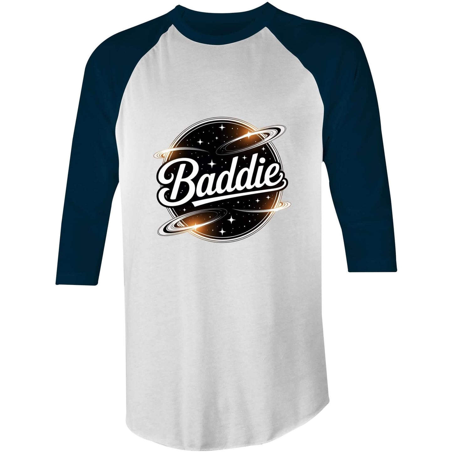 Unisex 3/4 sleeve white/navy t-shirt featuring retro 'Baddie' universe design with planets and stars.