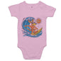 Cool kangaroo surfing a wave design on pink baby onesie for beach lovers and surfing families.