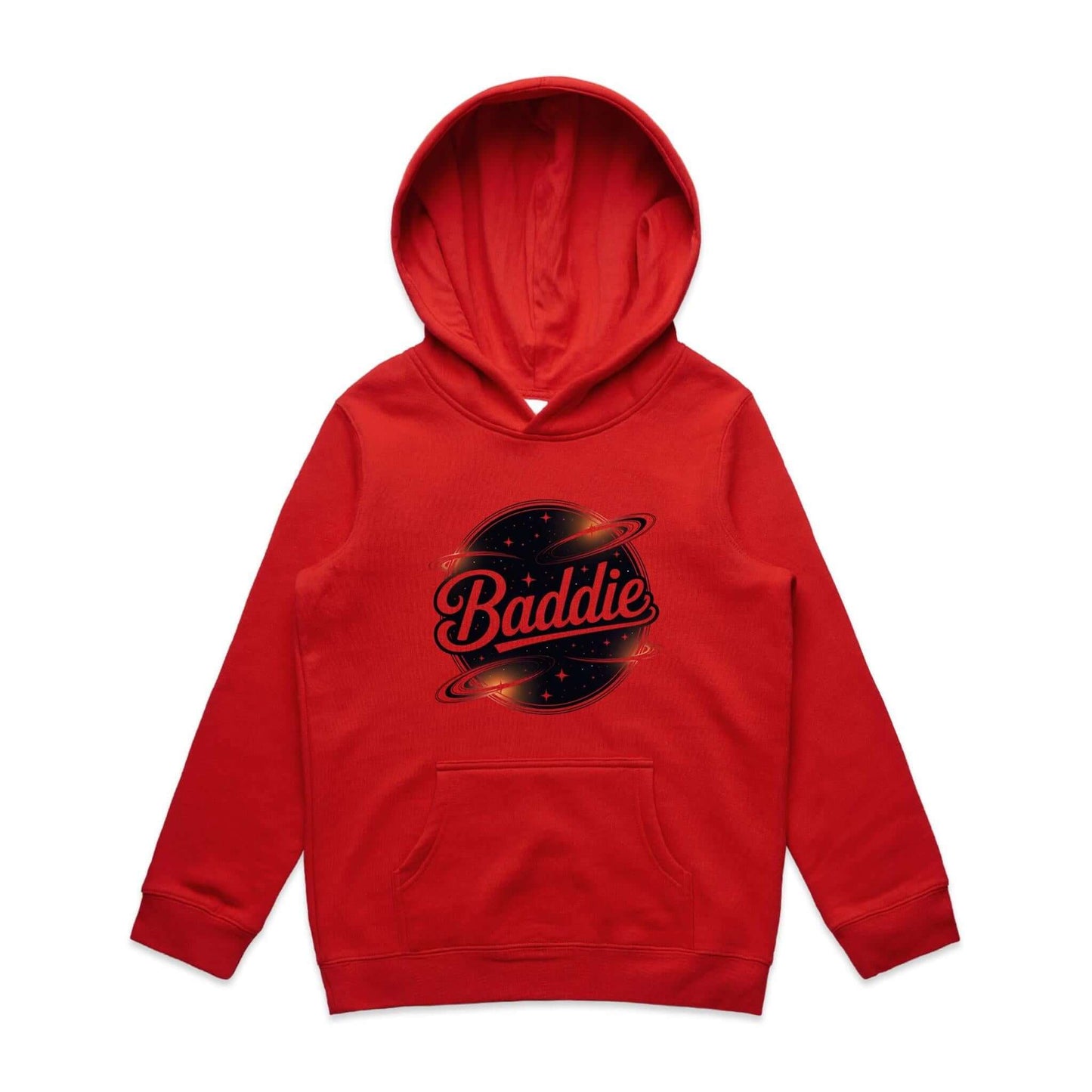 Red kid's hoodie featuring 'Baddie' universe design with retro vibe and spacious kangaroo pouch pocket.