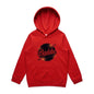 Red kid's hoodie featuring 'Baddie' universe design with retro vibe and spacious kangaroo pouch pocket.