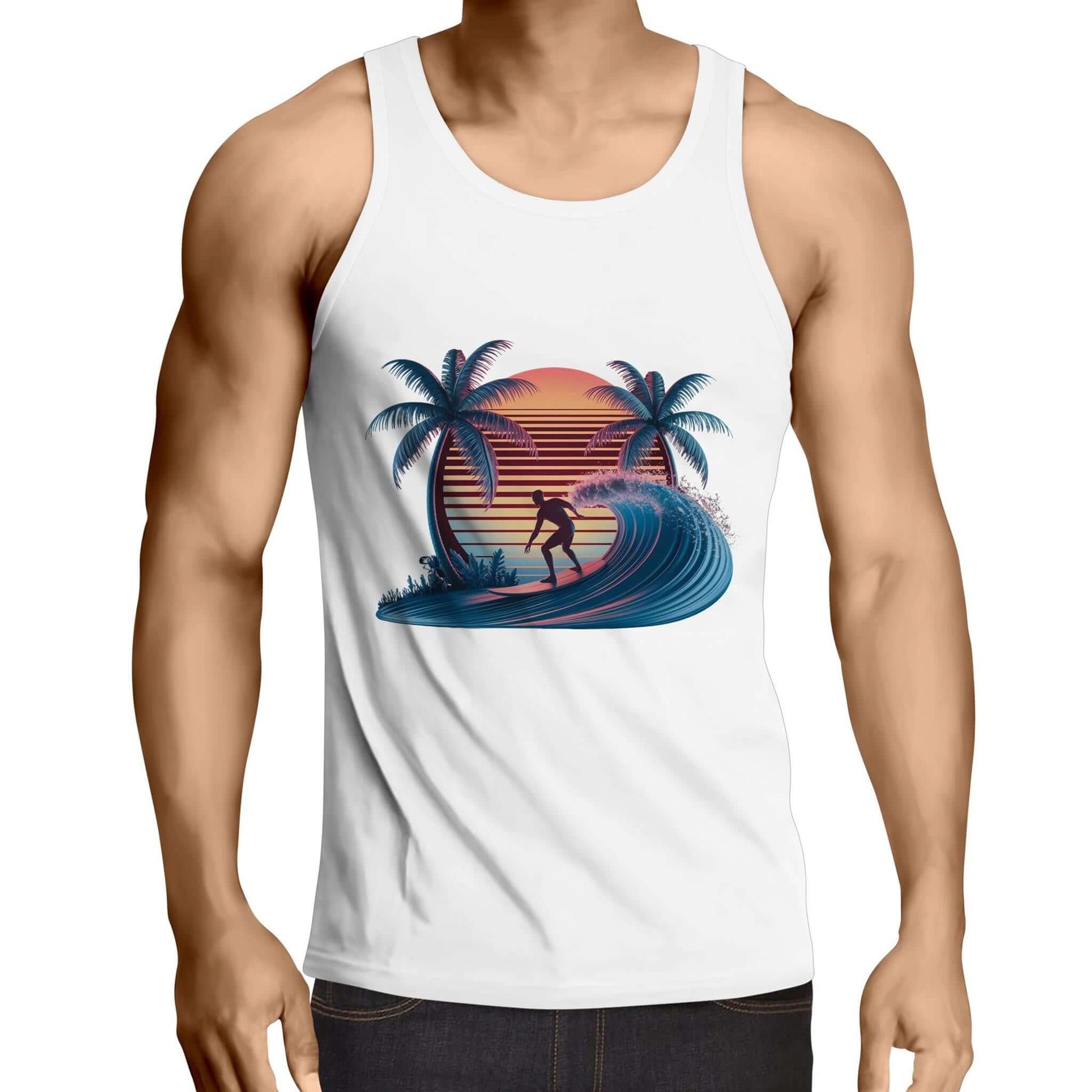 Men's singlet top featuring sunset surfer riding a wave illustration with palm trees and synth-wave effect design.