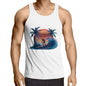 Men's singlet top featuring sunset surfer riding a wave illustration with palm trees and synth-wave effect design.