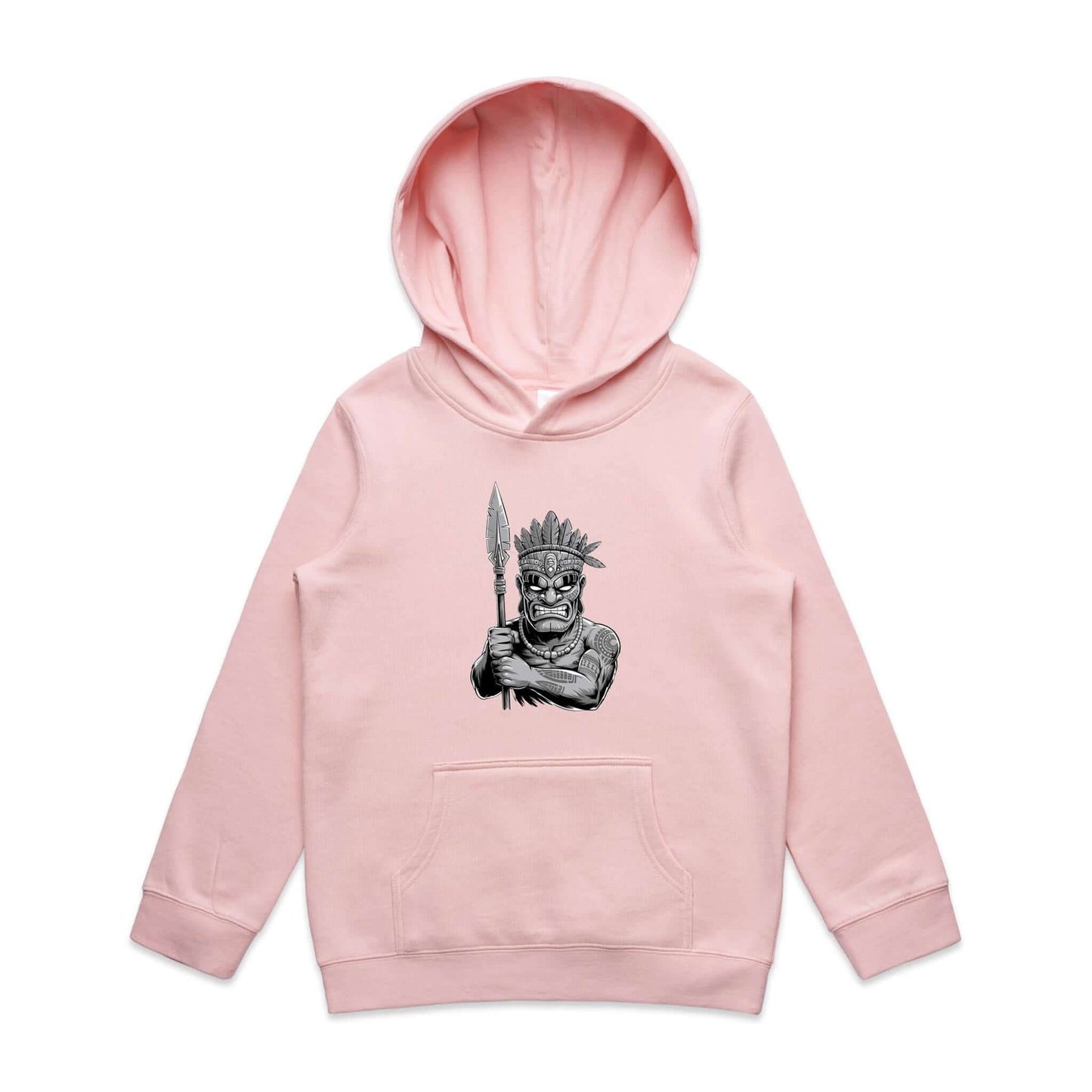 Kids pink hooded jumper with black and white Tiki character design, perfect for playful fashion and unique look.