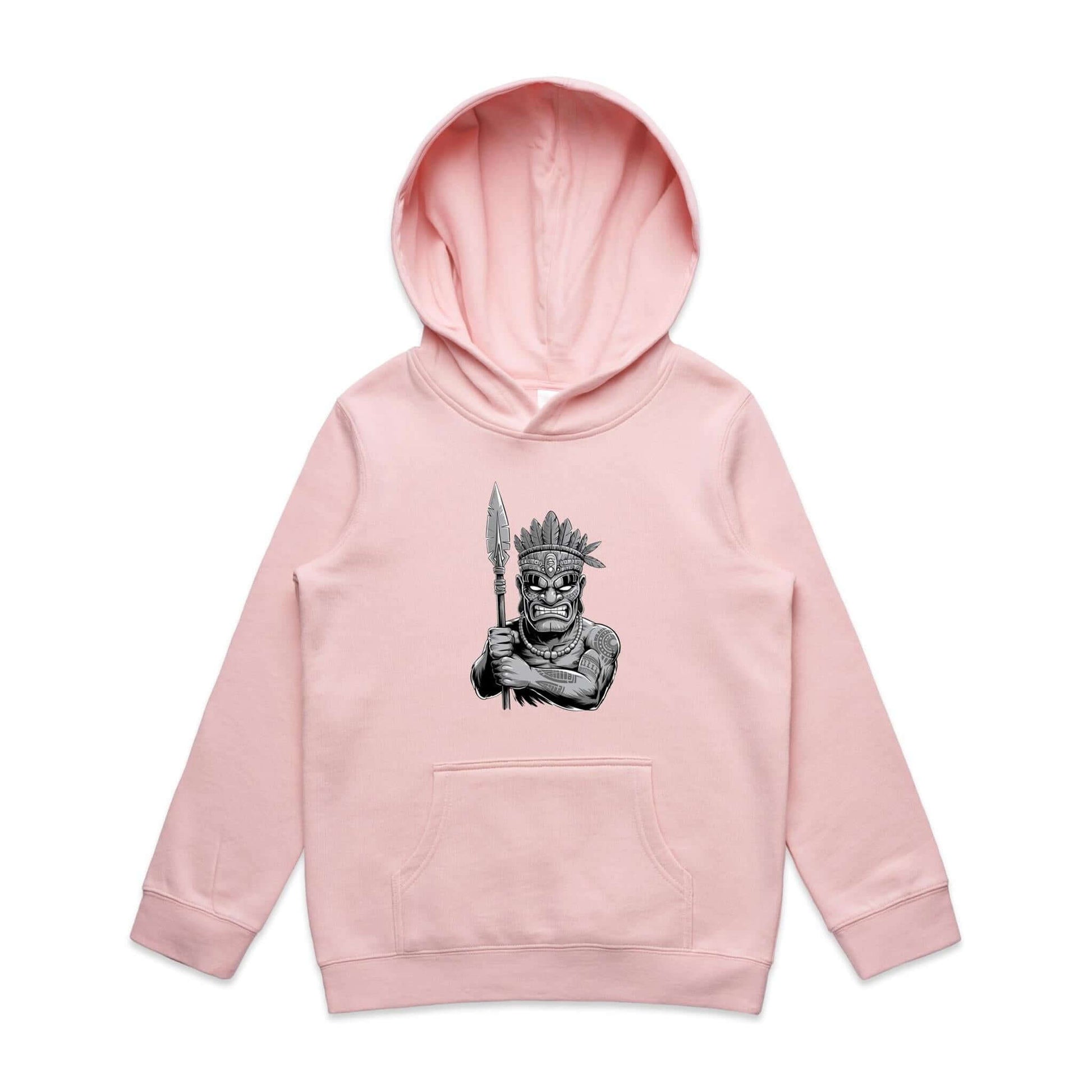 Kids pink hooded jumper with black and white Tiki character design, perfect for playful fashion and unique look.